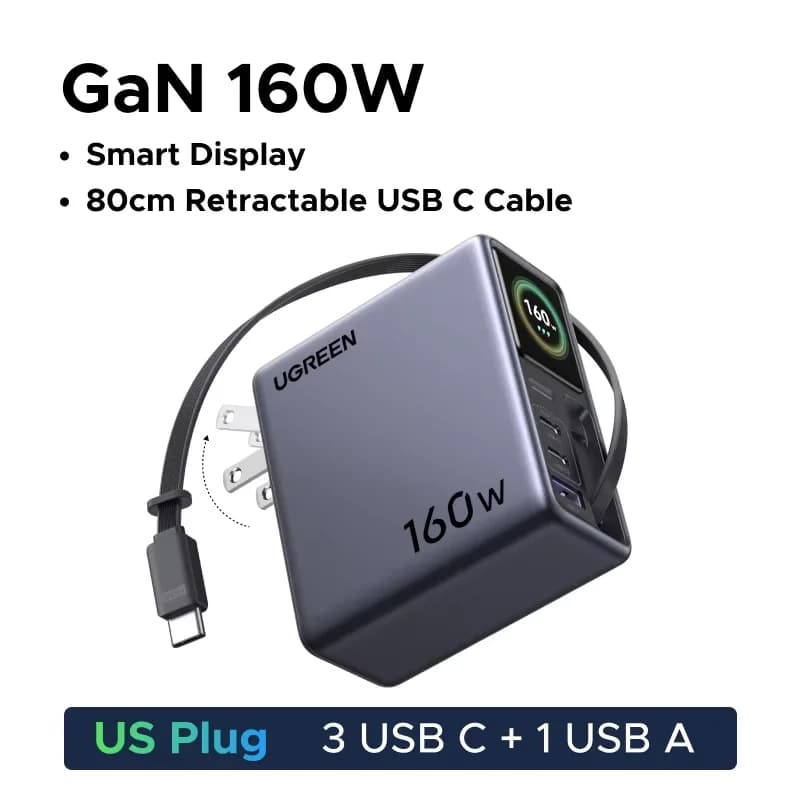 160W GaN Charger with Retractable Cable and Display