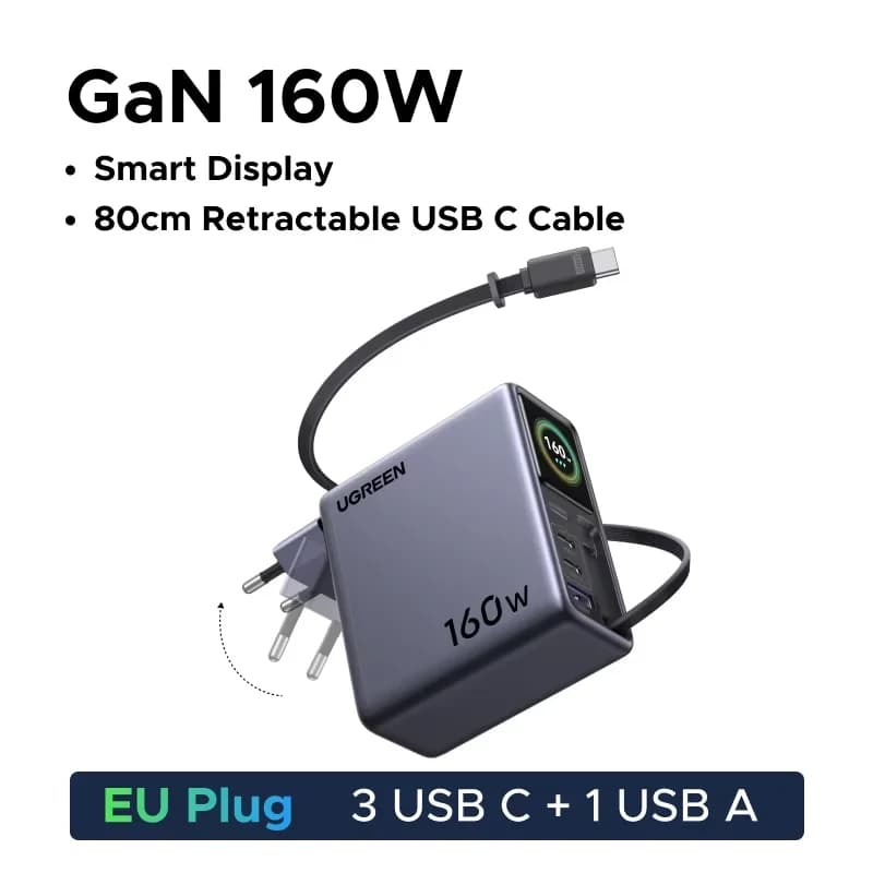 160W GaN Charger with Retractable Cable and Display