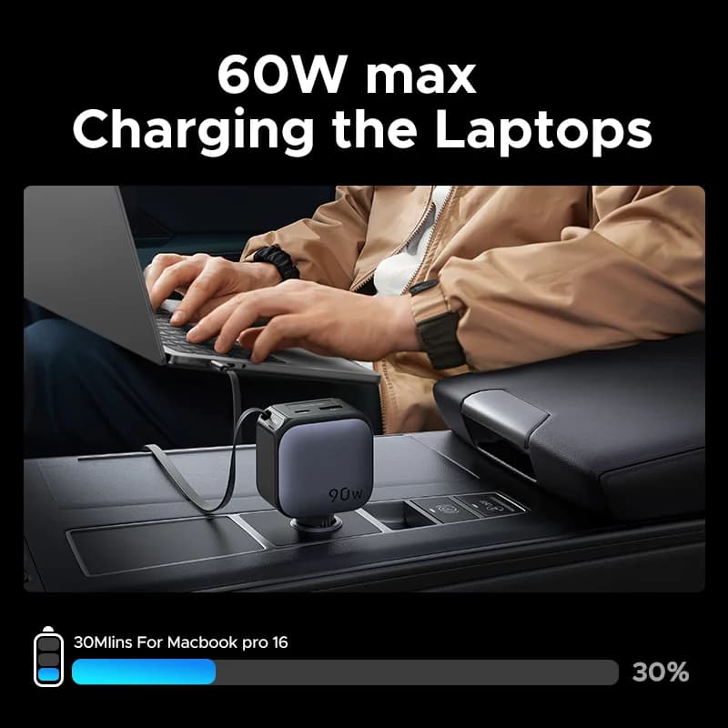 145W USB-C Car Charger with Retractable Cable