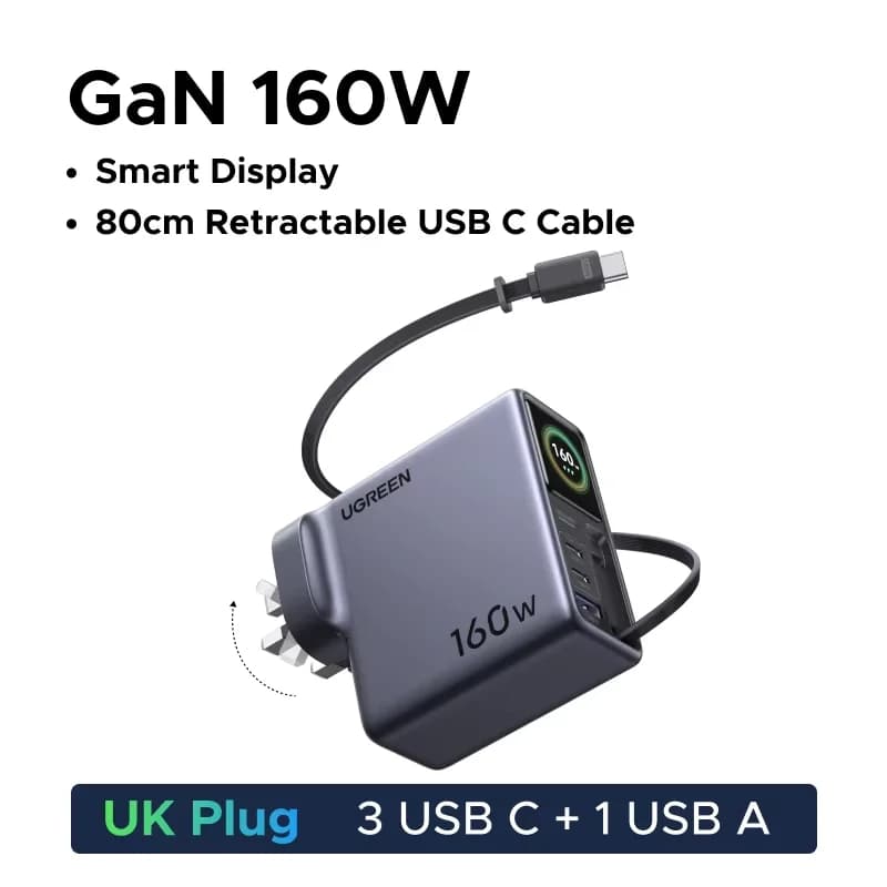 160W GaN Charger with Retractable Cable and Display