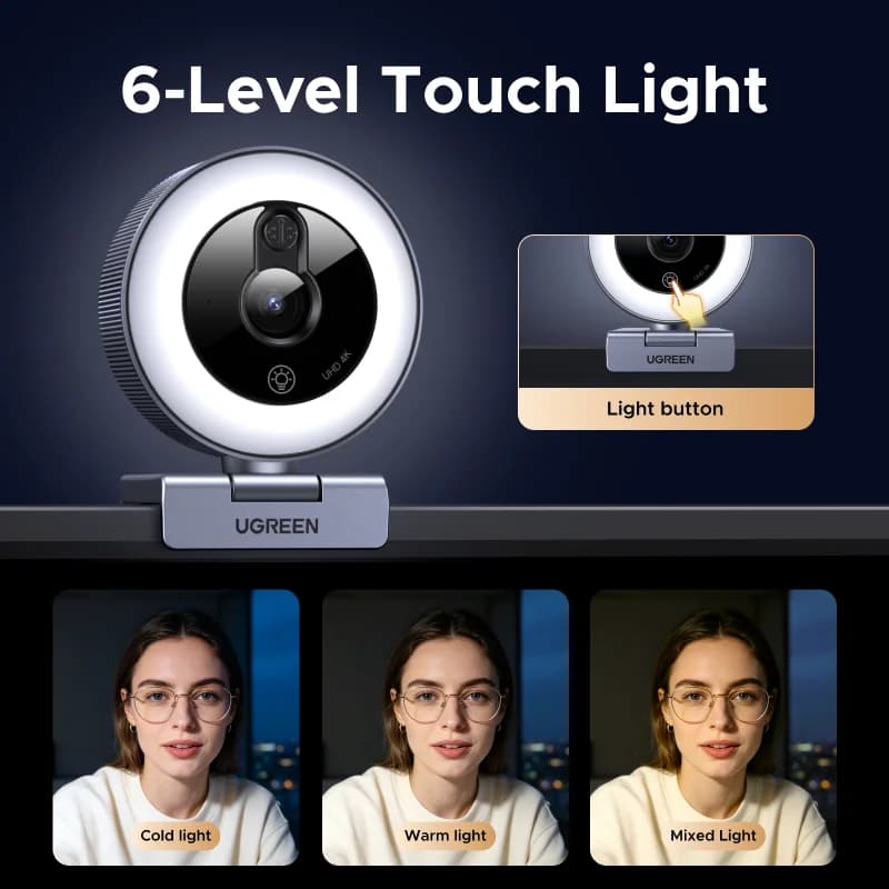 4K USB Webcam with Touch Ring Light and Privacy Cover