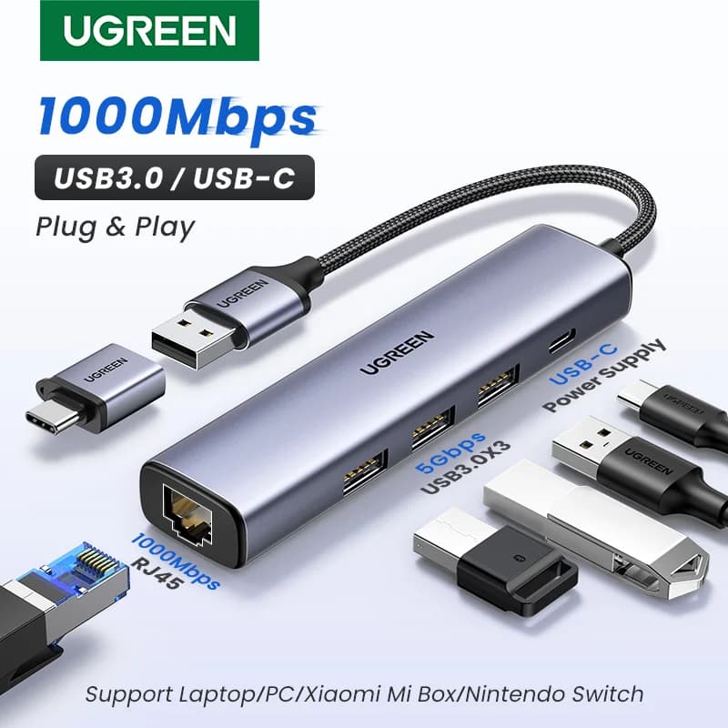 USB-C Ethernet Adapter with 1000Mbps RJ45 and USB Hub