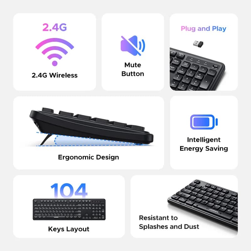 Ultra-Slim Wireless Keyboard, 104 Keys, Black