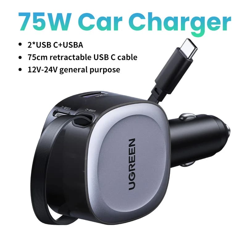 75W Car Charger with 2-in-1 Retractable Cable