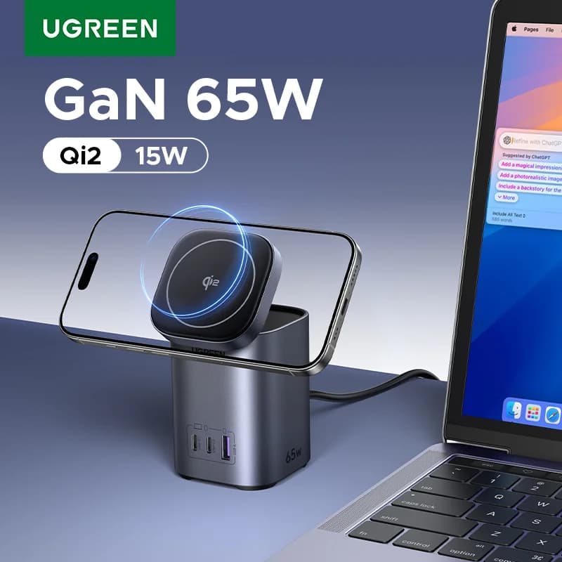 65W GaN Desktop Charger with Qi2 Wireless Stand