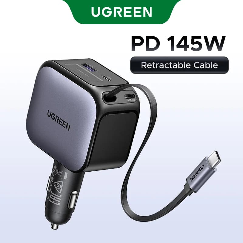 145W Car Charger with 3 USB-C Ports and Retractable Cable