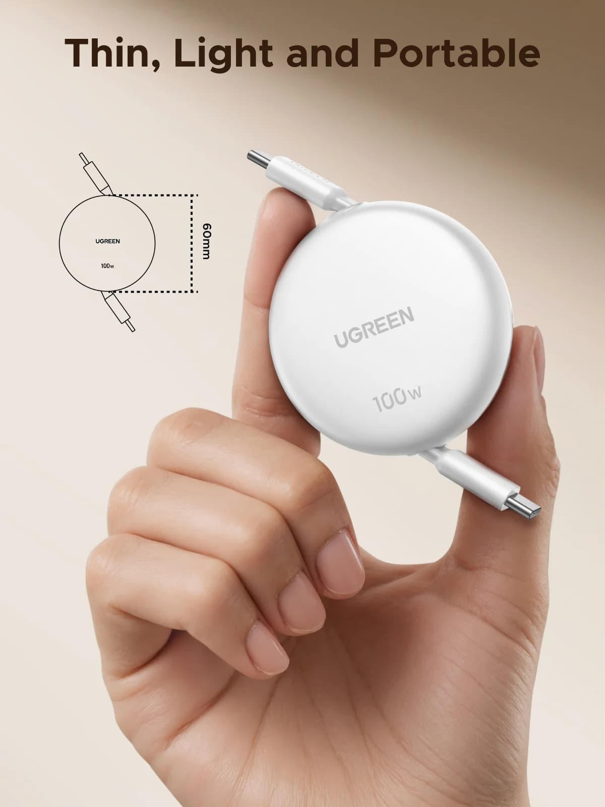 Retractable USB-C to USB-C Cable, 100W PD