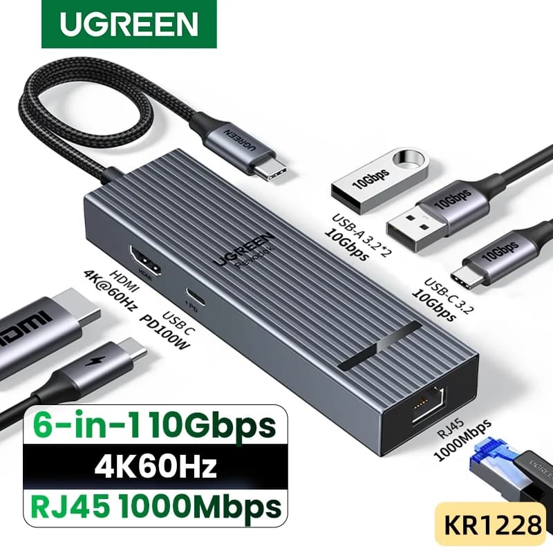 6-in-1 USB-C Hub, 4K HDMI, Gigabit Ethernet, 100W PD