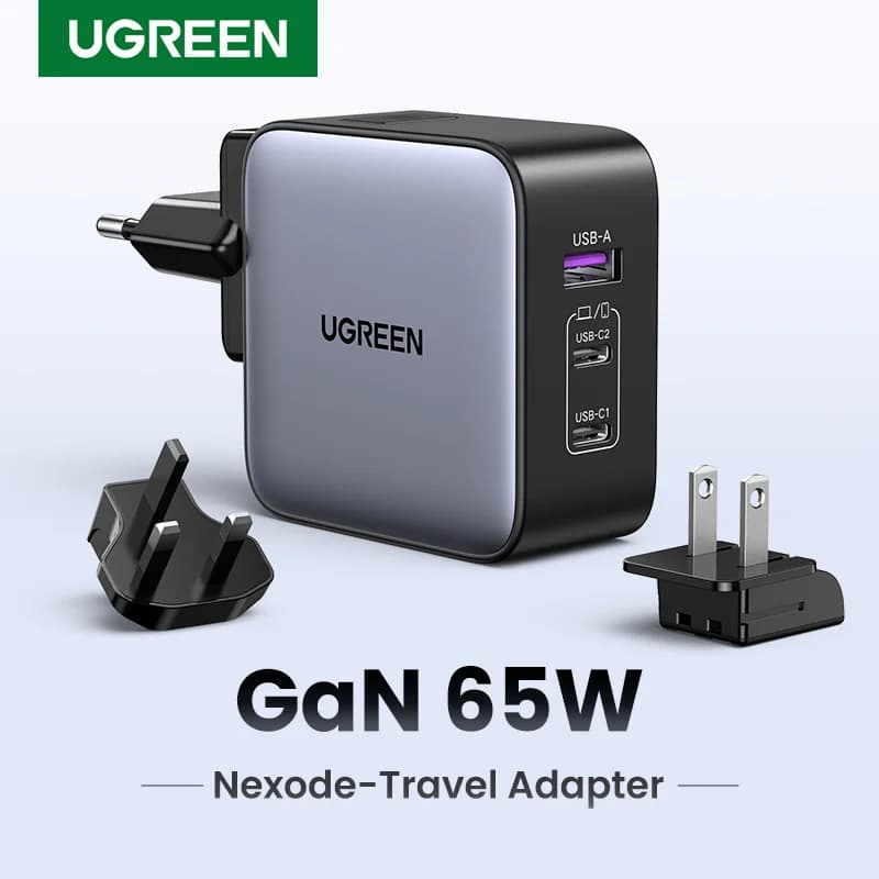 65W GaN Travel Adapter with US, EU, UK Plugs