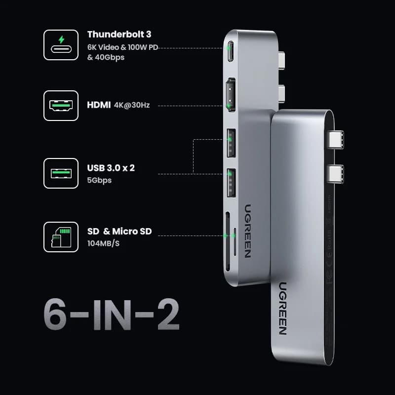 6-in-2 USB-C Hub with 4K HDMI and Card Reader