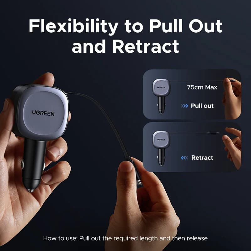 75W Car Charger with 2-in-1 Retractable Cable