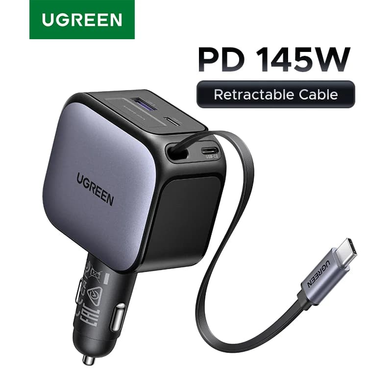 145W USB-C Car Charger with Retractable Cable